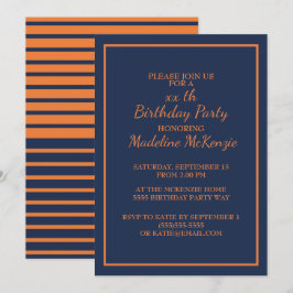 Oranje marine Blue Striped Birthday Party Invite Kaart
