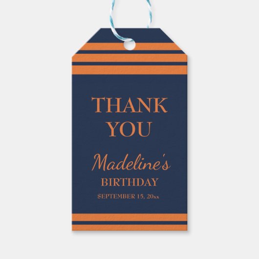 Oranje marineblauw gestreept feest Dank je wel Cadeaulabel (Voorkant)