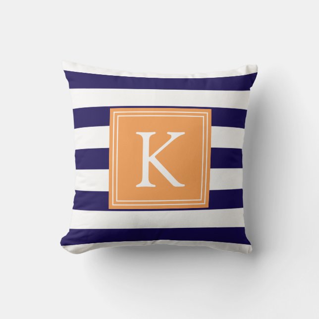 Oranje & Marineblauw Monogram Gestreept | Kussen (Voorkant)