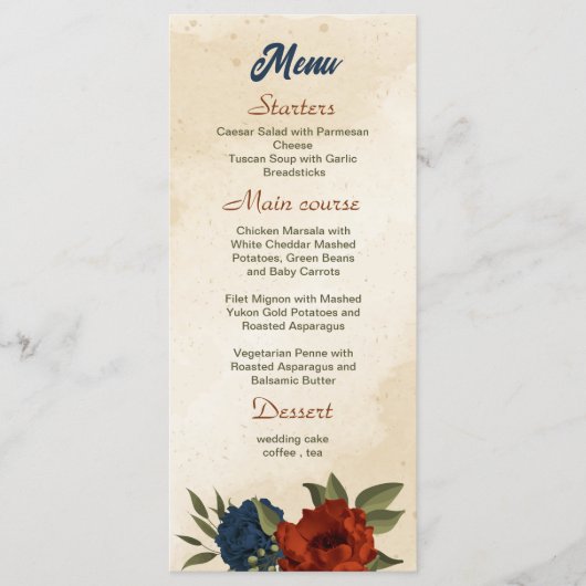 oranje marinebloemen bruiloft menu (Voorkant)