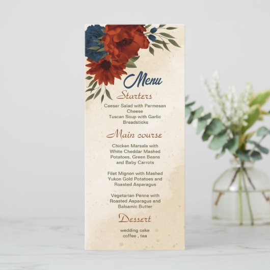 oranje marinebloemen bruiloft menu (Staand voorkant)