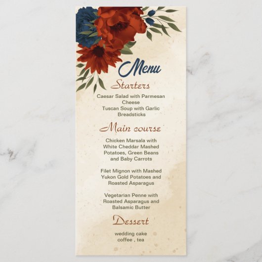 oranje marinebloemen bruiloft menu (Voorkant)