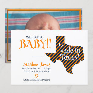 Oranje/marinegestreept gemaakt in Texas Foto Baby Aankondiging