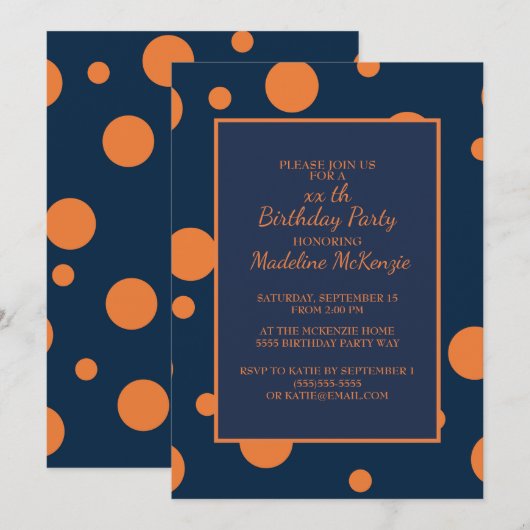 Oranje marinier Blue Polka Dot Birthday Party Invi Kaart (Voorkant / Achterkant)