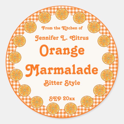 Oranje Marmalade op Gingham Ronde Sticker (Voorkant)