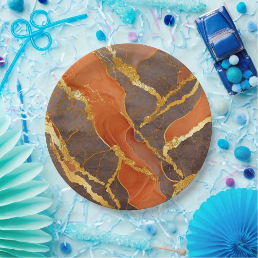 Oranje marmerpatroon met goud papieren bordje (Feest)