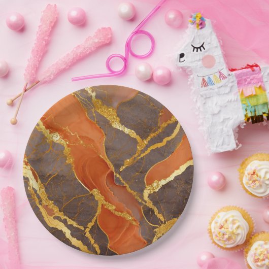 Oranje marmerpatroon met goud papieren bordje (Feest)
