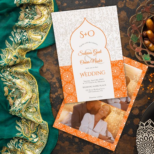 Oranje Marokkaanse initialen 3 op fotobruiloft Kaart