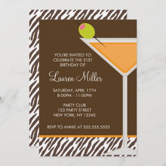 Oranje Martini en Zebra Pattern Kaart (Voorkant / Achterkant)