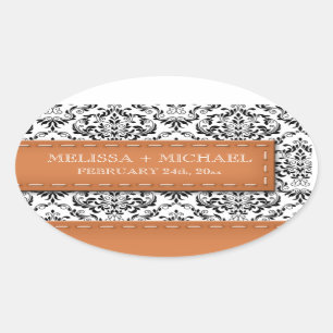 Oranje met de titel Damask Wedding Large Favor Sti Ovale Sticker