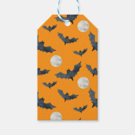 ORANJE MET ZWARTE HALLOWEEN BATS EN MOONS CADEAULABEL