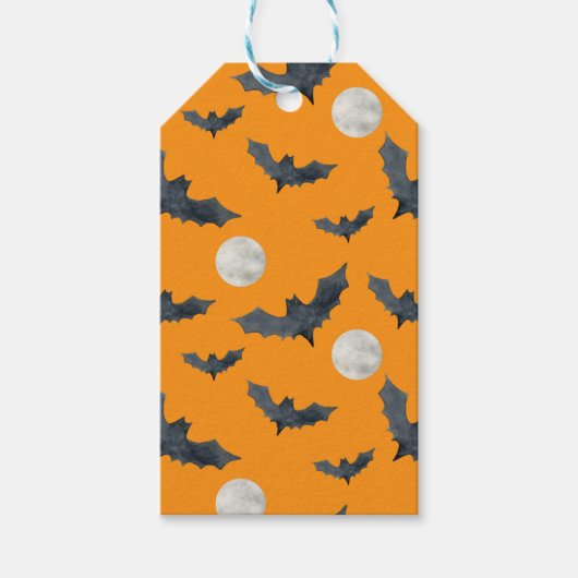 ORANJE MET ZWARTE HALLOWEEN BATS EN MOONS CADEAULABEL (Voorkant)