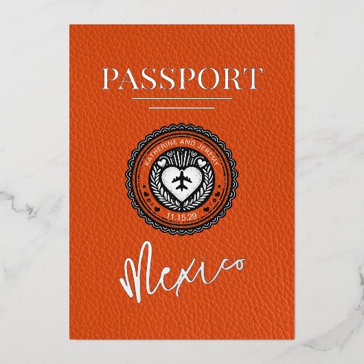 Oranje Mexicaanse paspoortbruiloft Folie Uitnodiging (Voorkant)