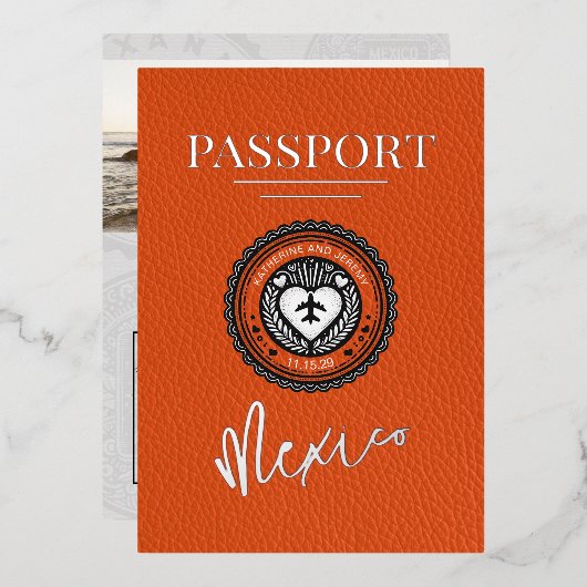 Oranje Mexicaanse paspoortbruiloft Folie Uitnodiging (Voorkant / Achterkant)