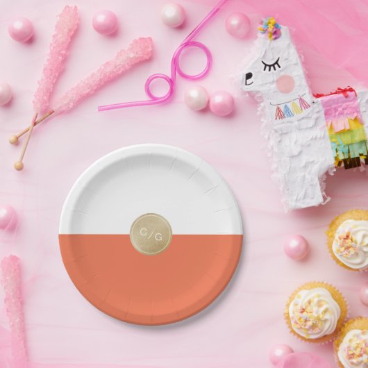 Oranje minimalistisch modern huwelijksmonogram papieren bordje (Feest)