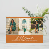 Oranje minimalistische fotocollage afstudeerfeest kaart (Staand voorkant)