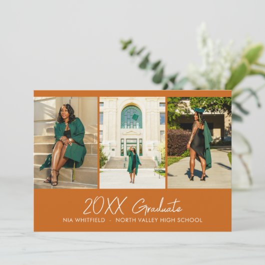 Oranje minimalistische fotocollage afstudeerfeest kaart (Staand voorkant)
