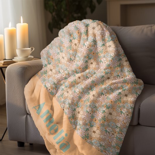 Oranje mint groen bloemmotief naam fleece deken