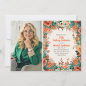 Oranje Mint Groene Bloemen 75e Verjaardag Foto Kaart (Voorkant)