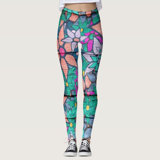 Oranje Mint Pink Floral Leggings (Voorkant)
