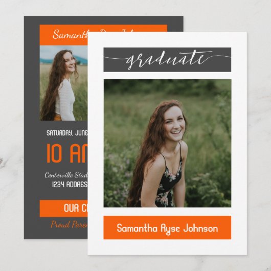 Oranje modern blok 3-Foto Afstuderen Kaart (Voorkant / Achterkant)