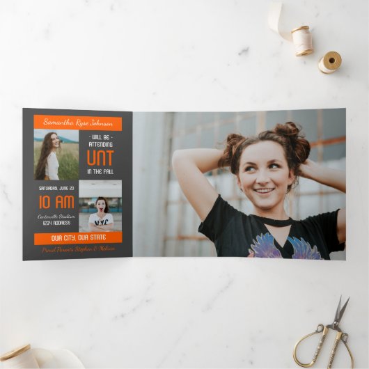 Oranje modern blok 5-Foto Afstuderen Drieluik Uitnodiging (Binnen)