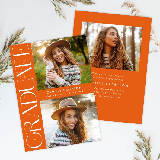 Oranje Modern Elegant Drie Foto Afstuderen Kaart