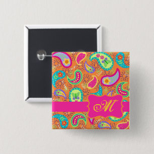 Oranje modern paisley Whimsy Pattern Vierkante Button 5,1 Cm