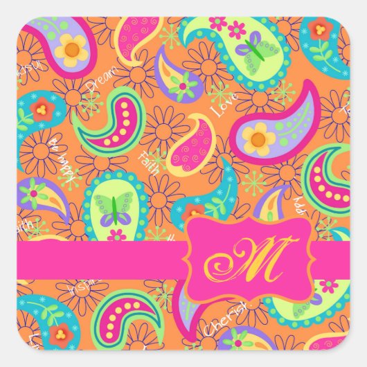 Oranje modern paisley Whimsy Pattern Vierkante Sticker (Voorkant)