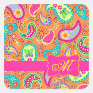Oranje modern paisley Whimsy Pattern Vierkante Sticker
