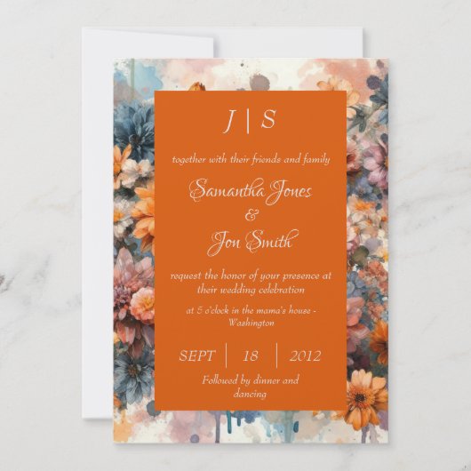 oranje Moderne bloemenbruiloft uitnodiging (Voorkant)