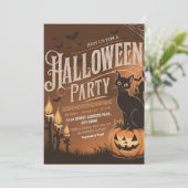 Oranje moderne zwarte kat Halloween-feestuitnodigi Kaart (Staand voorkant)