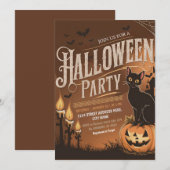 Oranje moderne zwarte kat Halloween-feestuitnodigi Kaart (Voorkant / Achterkant)