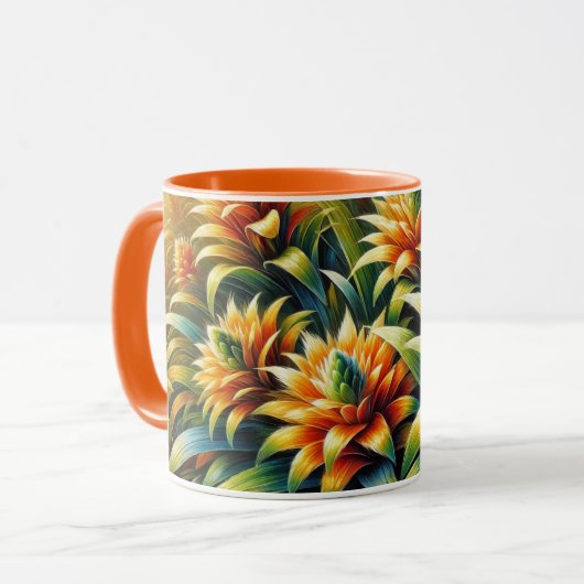 Oranje mok met bloemetjes die geel en groen oplich (Voorkant links)