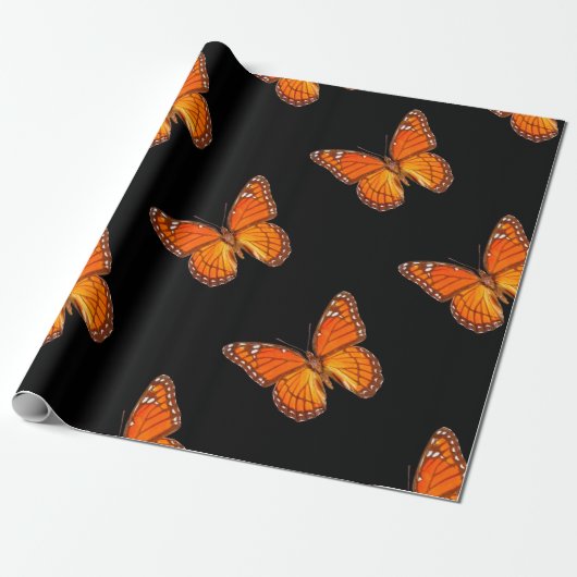 ORANJE MONARCH BUTTERFLES OP ZWARTE KLEUR CADEAUPAPIER (Uitgerold)