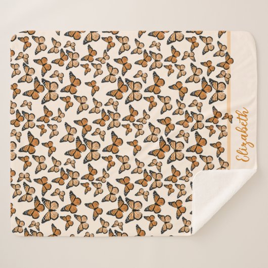 Oranje Monarch Butterflies Aangepaste naam Sherpa Deken (Voorkant (horizontaal))