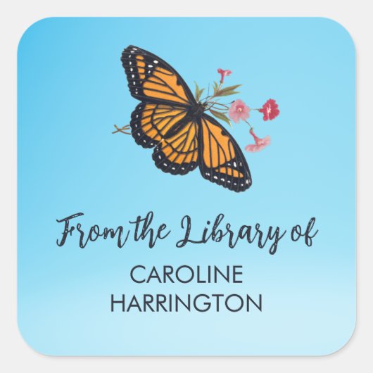 Oranje Monarch Butterfly Sky Blue Bookplate Vierkante Sticker (Voorkant)