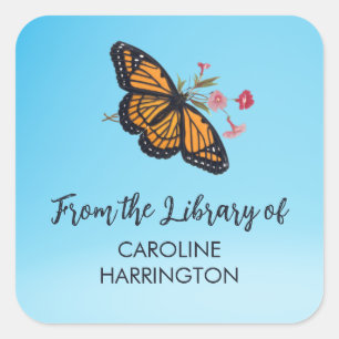 Oranje Monarch Butterfly  Sky Blue Bookplate Vierkante Sticker