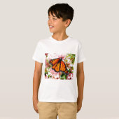 Oranje Monarch op roze bloemen T-shirt (Voorkant volledig)