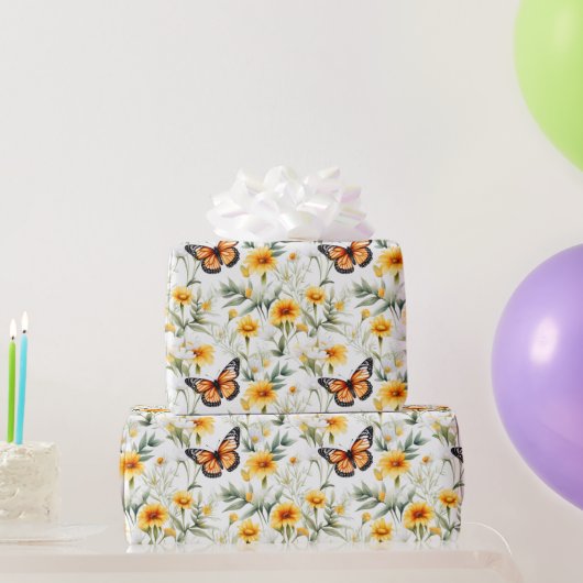 Oranje Monarch Vlinder Geel Groene Bloemen Cadeaupapier (Feestgeschenken)