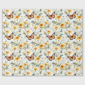 Oranje Monarch Vlinder Geel Groene Bloemen Cadeaupapier (Vlak)