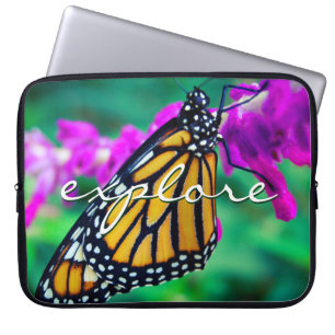 Oranje monarch vlinder verkennen script modern laptop sleeve