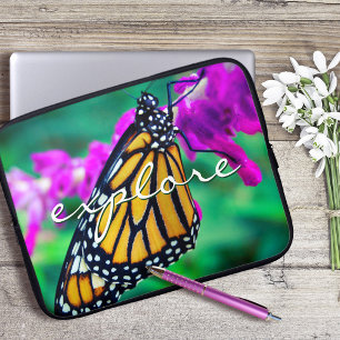 Oranje monarch vlinder verkennen script modern laptop sleeve