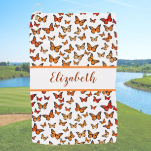 oranje monarchvlinder met aangepaste naam golfhanddoek