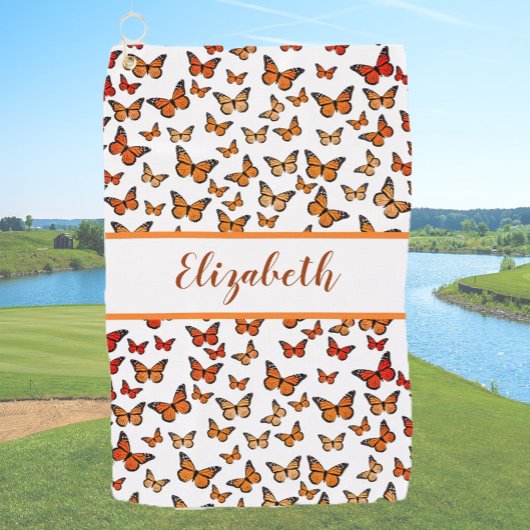 oranje monarchvlinder met aangepaste naam golfhanddoek