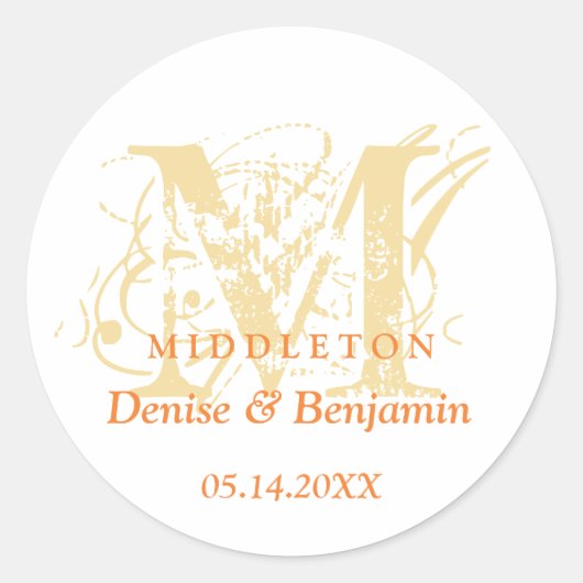 Oranje monogram antiek chic label bruiloft gunst (Voorkant)