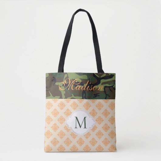 Oranje monogram Camouflage Damask Trendy Initiaal Tote Bag (Voorkant)
