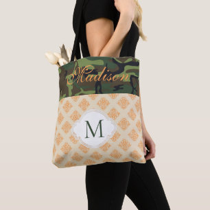 Oranje monogram Camouflage Damask Trendy Initiaal Tote Bag