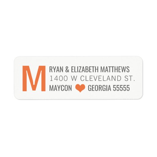 Oranje Monogram Custom Return Adres Label (Voorkant)