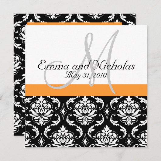 Oranje Monogram Damask Wedding Uitnodiging (Voorkant / Achterkant)